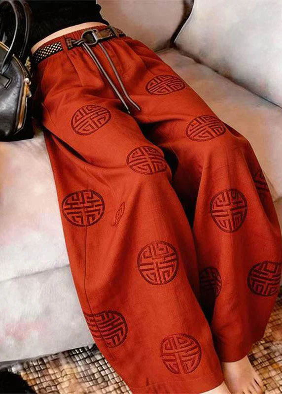 Chinese Style Red Print Wide Leg Pants - Image 3
