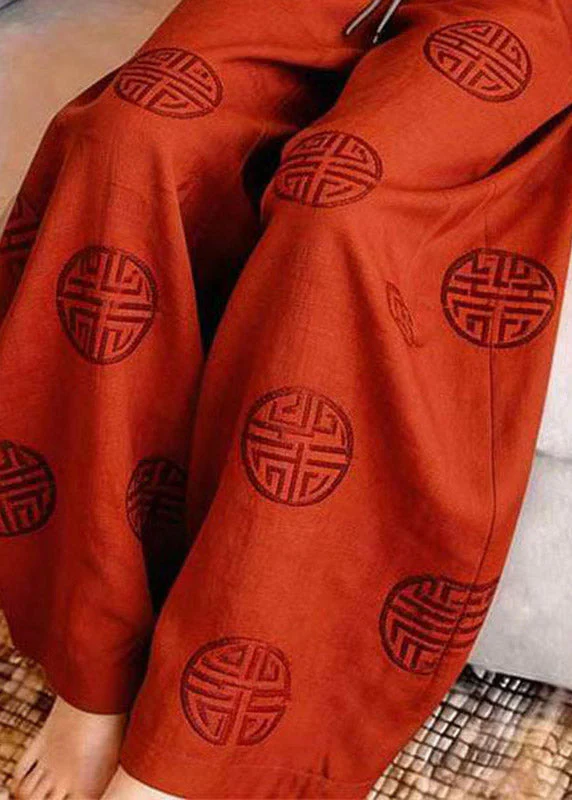 Chinese Style Red Print Wide Leg Pants - Image 4
