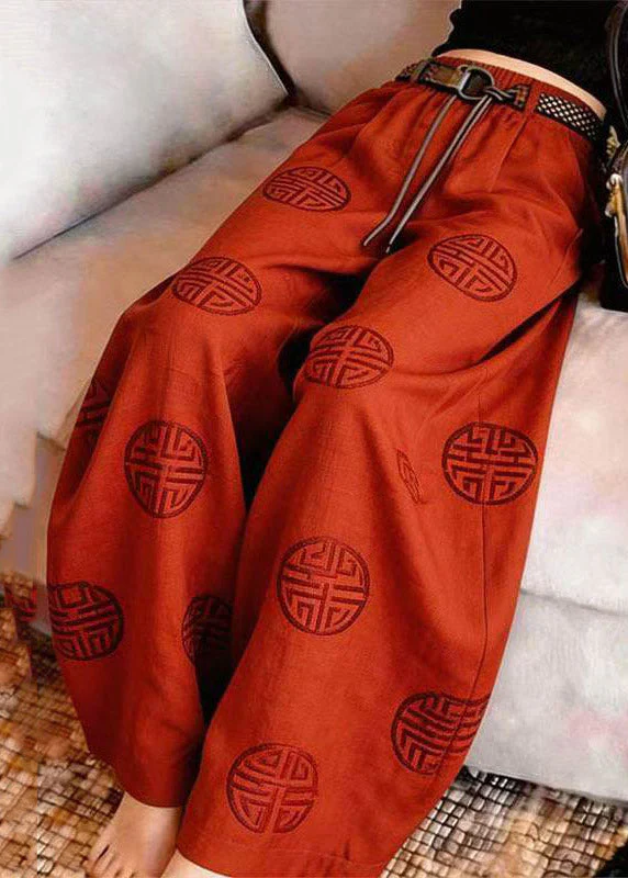 Chinese Style Red Print Wide Leg Pants - Image 5