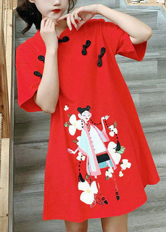 Chinese Style Red Stand Collar Print Vacation Dress Short Sleeve - Image 2