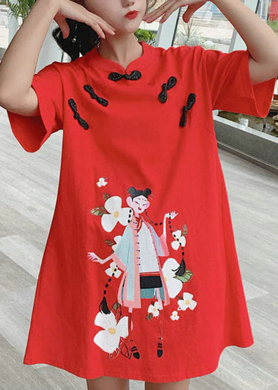 Chinese Style Red Stand Collar Print Vacation Dress Short Sleeve - Image 3