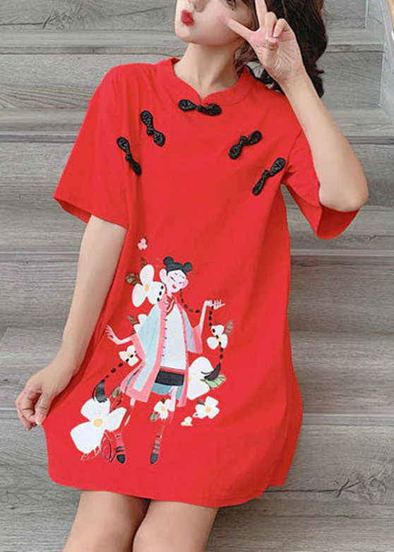 Chinese Style Red Stand Collar Print Vacation Dress Short Sleeve - Image 4