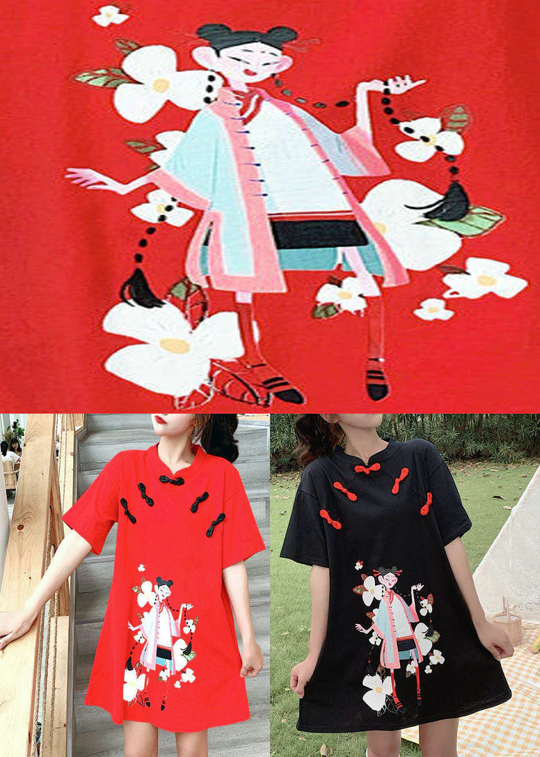 Chinese Style Red Stand Collar Print Vacation Dress Short Sleeve - Image 5