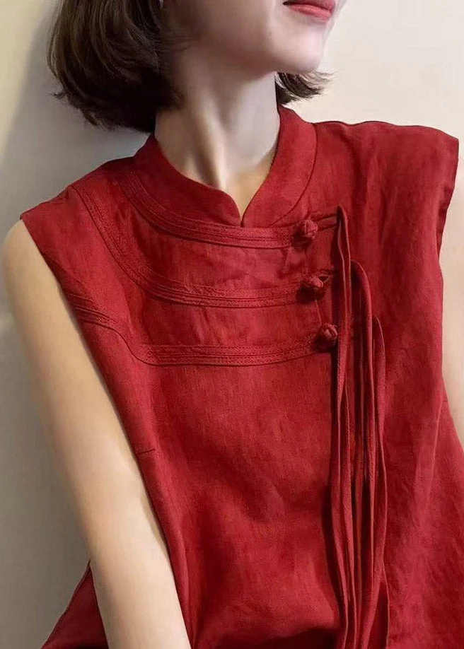 Chinese Style Red Stand Collar Tassel Patchwork Top Summer - Image 3