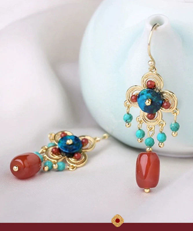 Chinese Style Red Sterling Silver Overgild Agate Turquoise Drop Earrings - Image 5