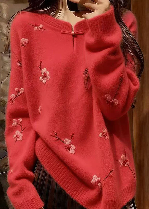Chinese Style Rose Print Cozy Knit Sweater Spring - Image 2
