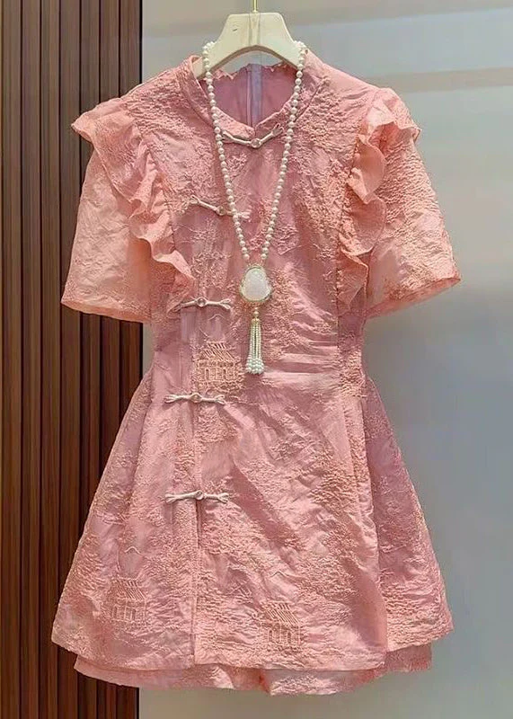 Chinese Style Rose Ruffled Patchwork Cotton Two Pieces Set Summer - Image 2