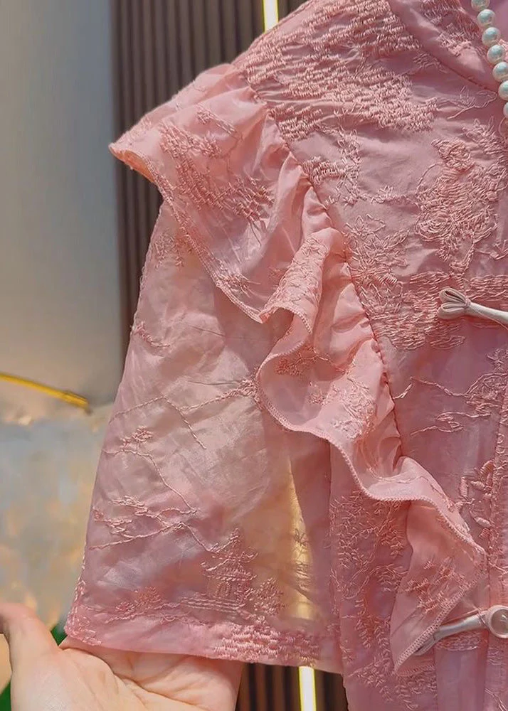 Chinese Style Rose Ruffled Patchwork Cotton Two Pieces Set Summer - Image 5