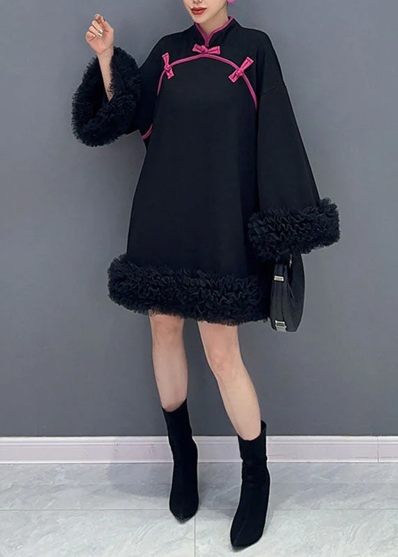 Chinese Style Rose Stand Collar Tulle Patchwork Mid Dress Long Sleeve - Image 2