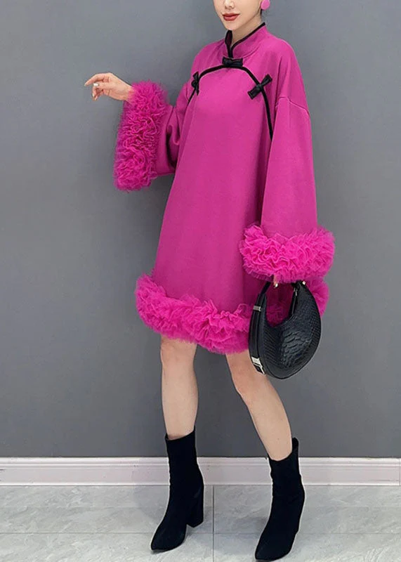 Chinese Style Rose Stand Collar Tulle Patchwork Mid Dress Long Sleeve - Image 3