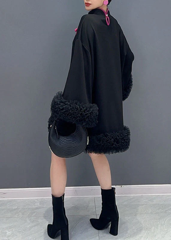 Chinese Style Rose Stand Collar Tulle Patchwork Mid Dress Long Sleeve - Image 4