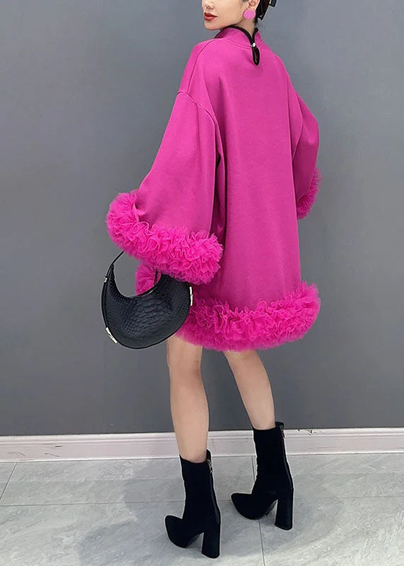 Chinese Style Rose Stand Collar Tulle Patchwork Mid Dress Long Sleeve - Image 5
