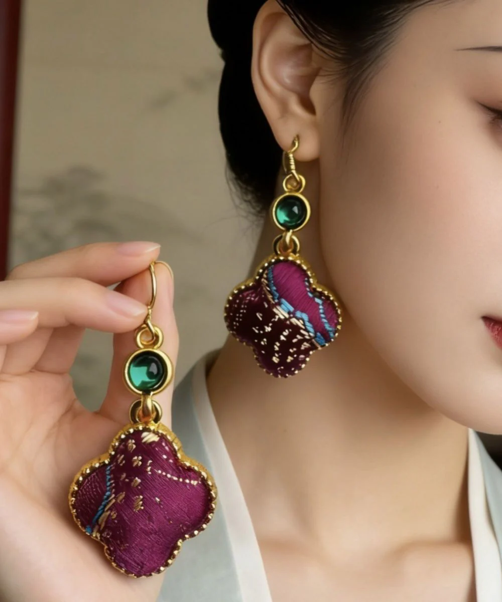 Chinese Style Royal Blue Sterling Silver Overgild Four-Leaf Clover Drop Earrings - Image 2