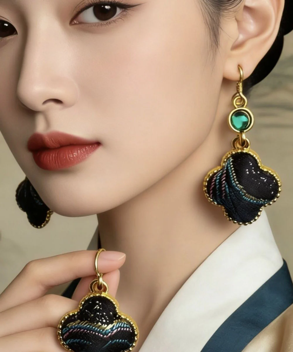 Chinese Style Royal Blue Sterling Silver Overgild Four-Leaf Clover Drop Earrings - Image 3