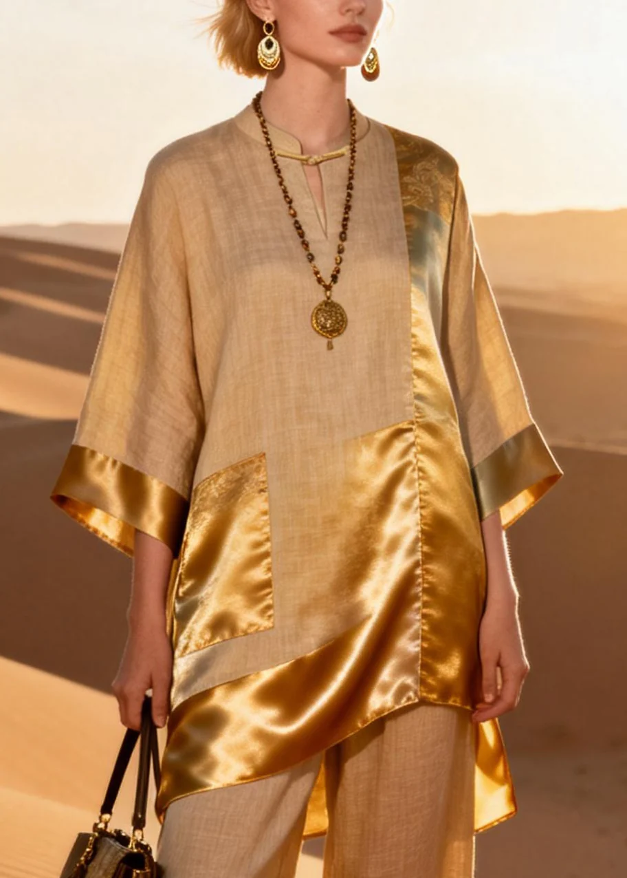 Chinese Style Stand Collar Asymmetrical Silk Patchwork Two Piece Set Spring - Image 2