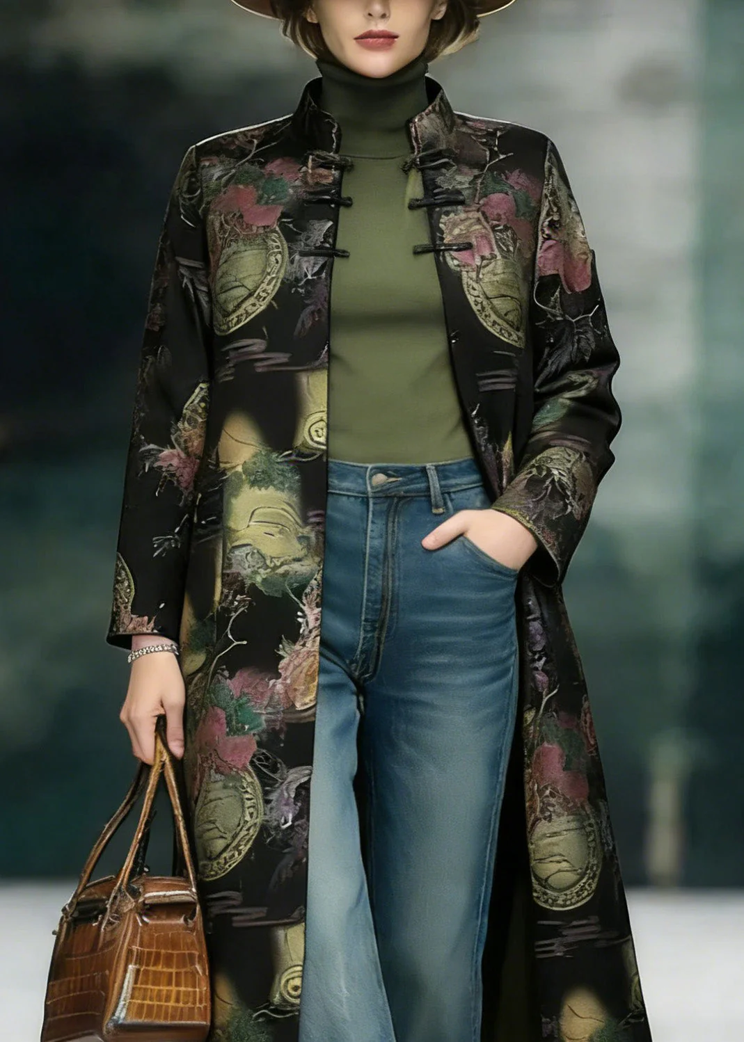 Chinese Style Stand Collar Print Oriental Button Cotton Coats Spring - Image 2