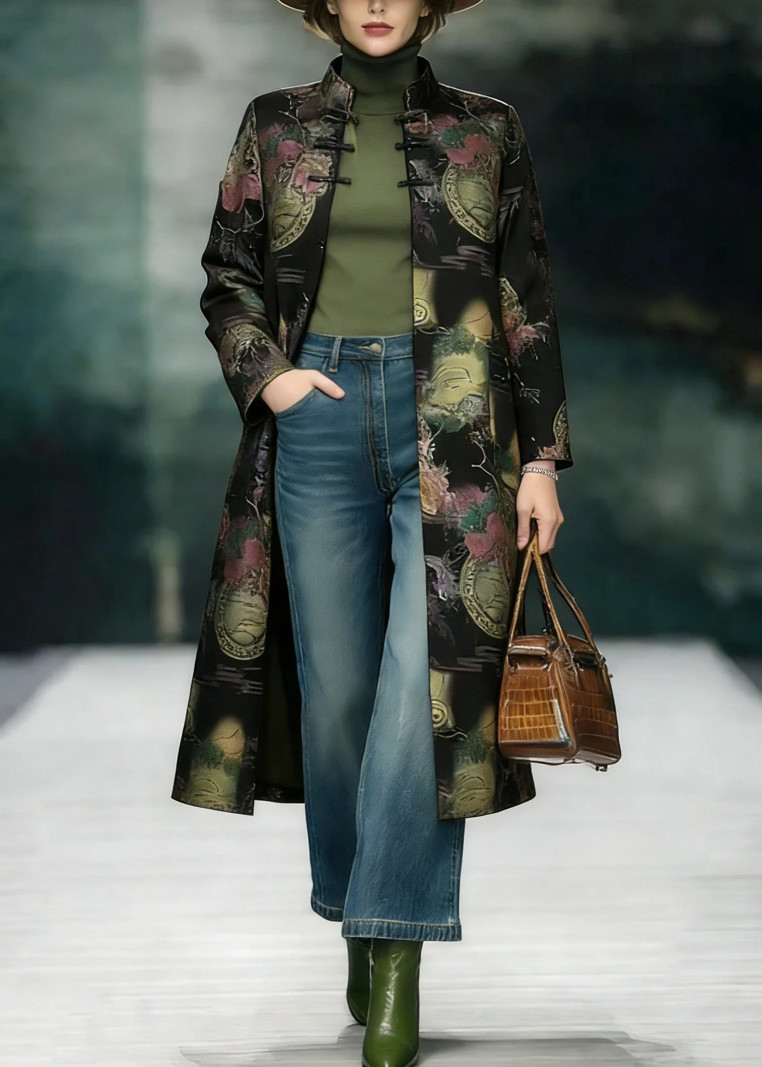 Chinese Style Stand Collar Print Oriental Button Cotton Coats Spring - Image 3