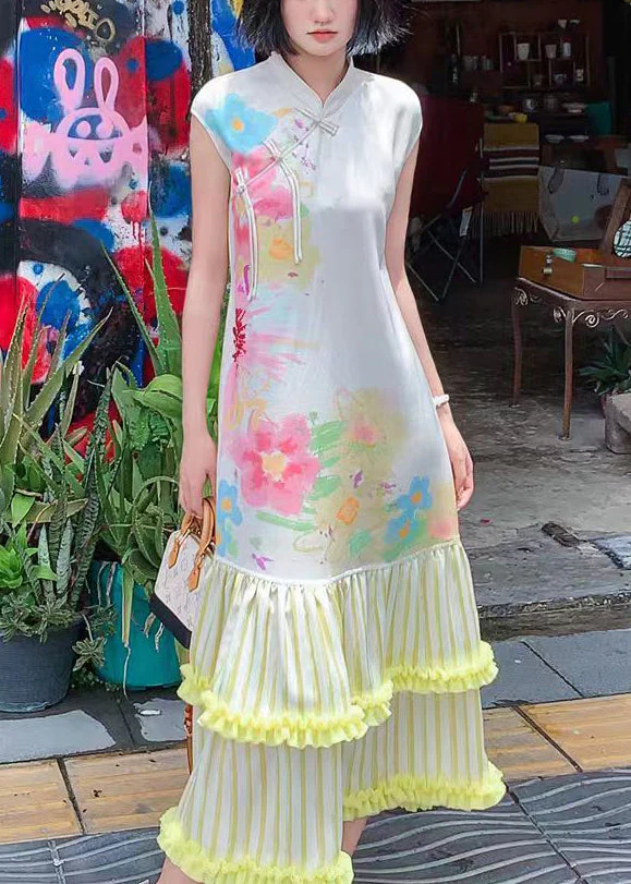 Chinese Style Stand Collar Print Ruffled Silk Long Dresses Summer - Image 2