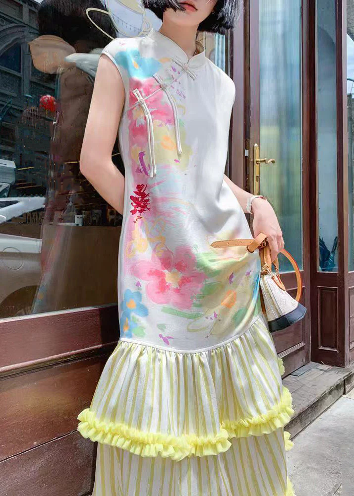 Chinese Style Stand Collar Print Ruffled Silk Long Dresses Summer - Image 3