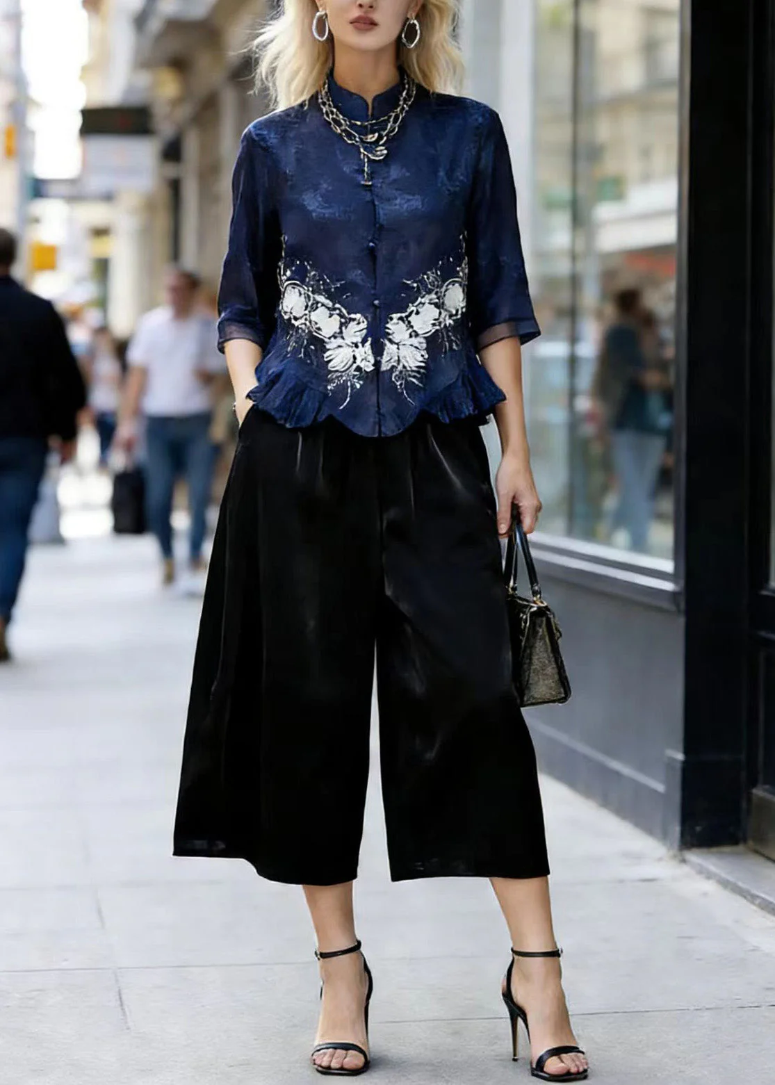 Chinese Style Stand Collar Ruffled Silk Two Pieces Set Summer - Image 5