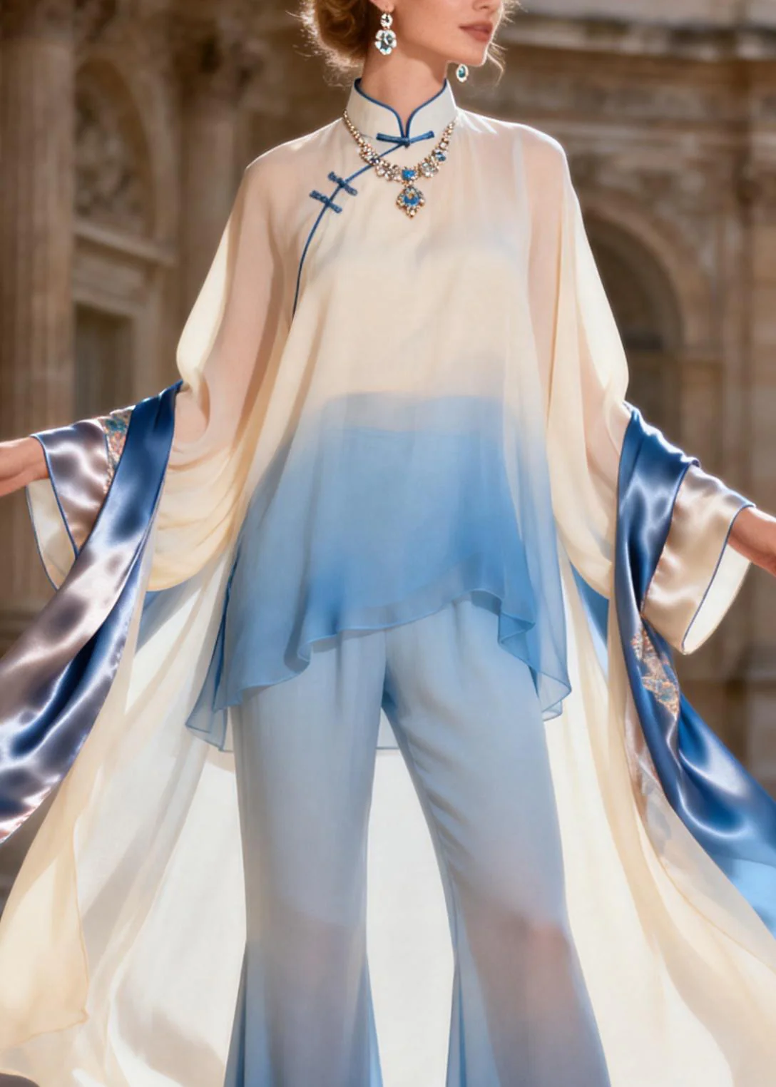 Chinese Style Stand Collar Silk Shirts And Flared Trousers Two Pieces Set Spring - Image 2