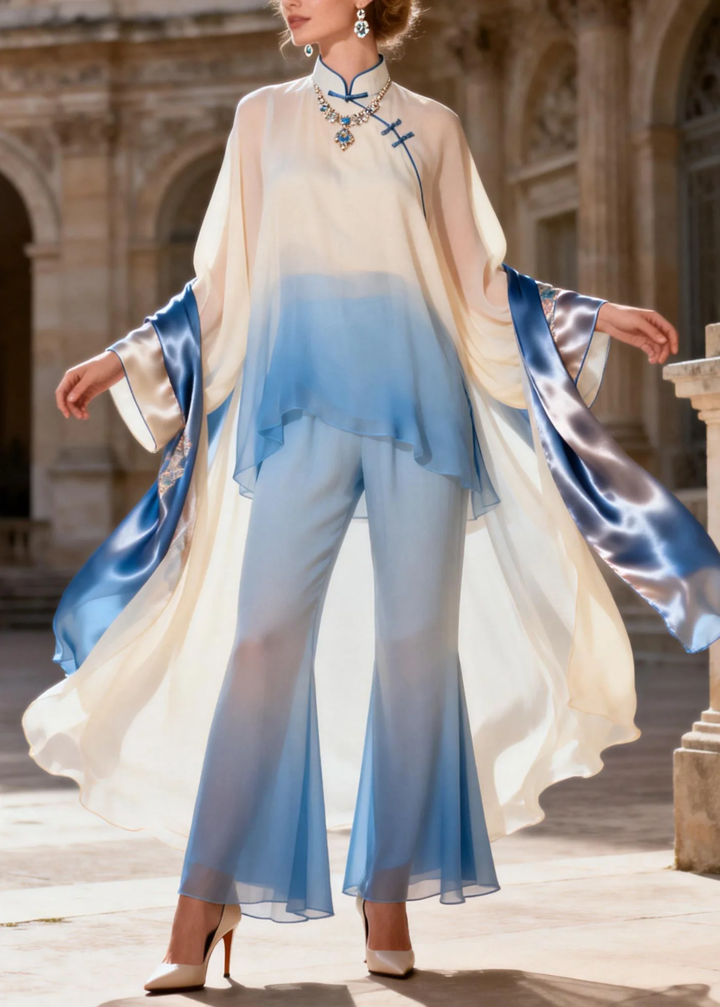 Chinese Style Stand Collar Silk Shirts And Flared Trousers Two Pieces Set Spring - Image 3
