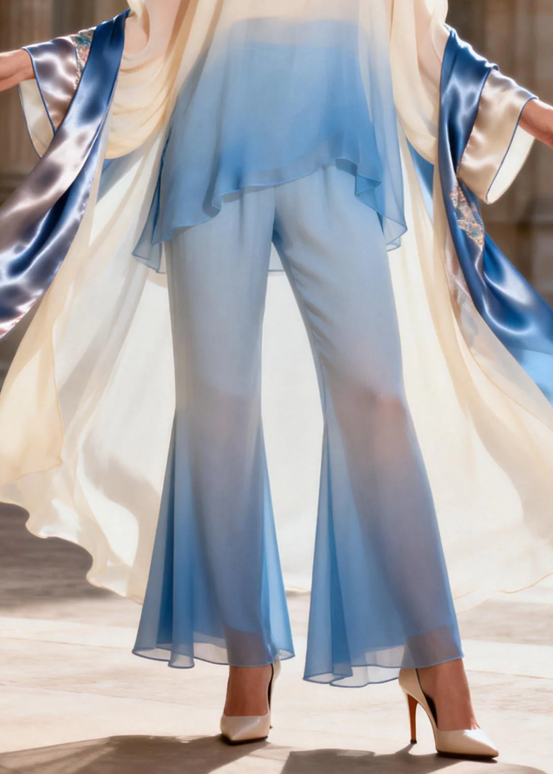 Chinese Style Stand Collar Silk Shirts And Flared Trousers Two Pieces Set Spring - Image 4