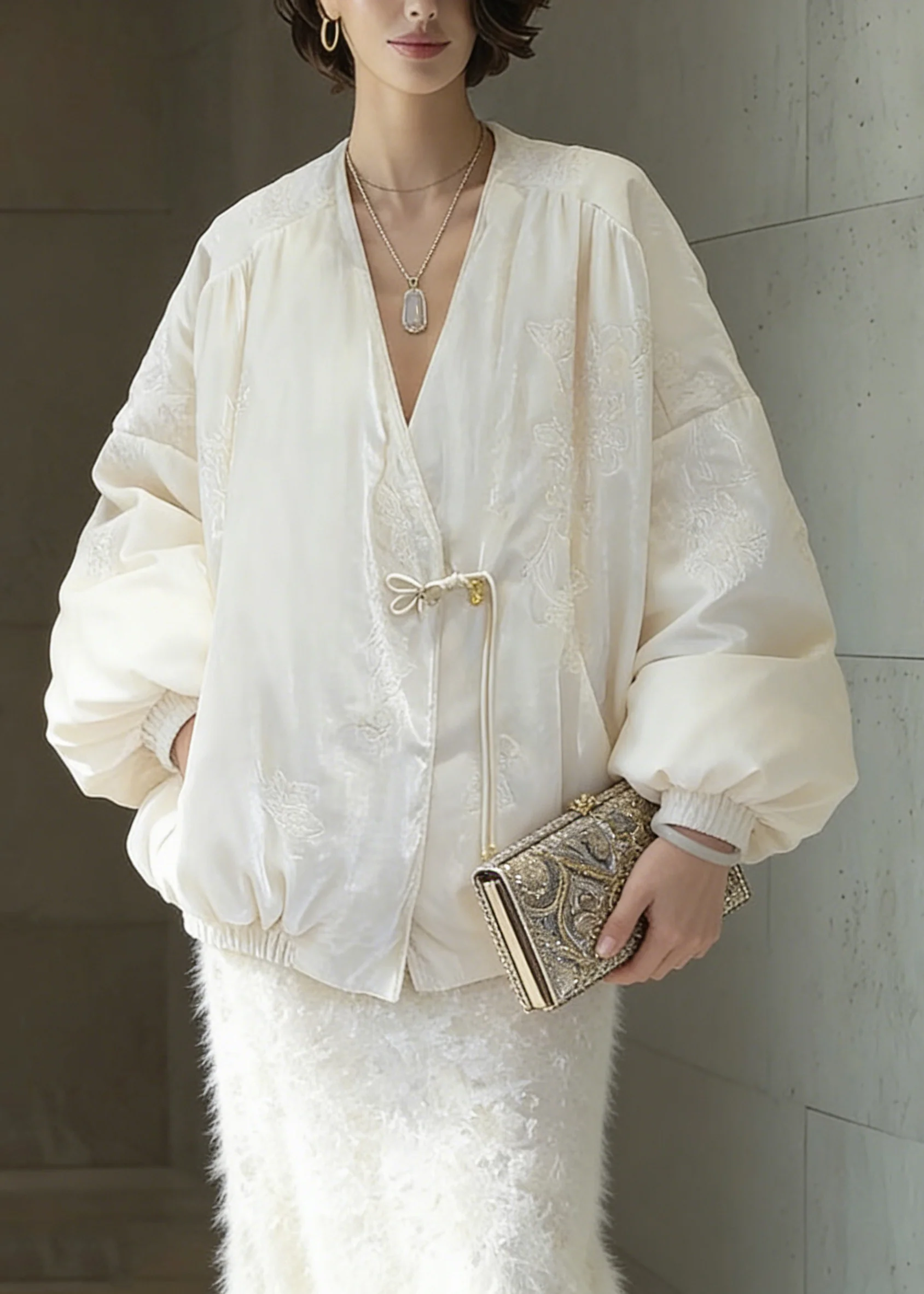 Chinese Style White Embroidered Duck Down Coats Winter - Image 3