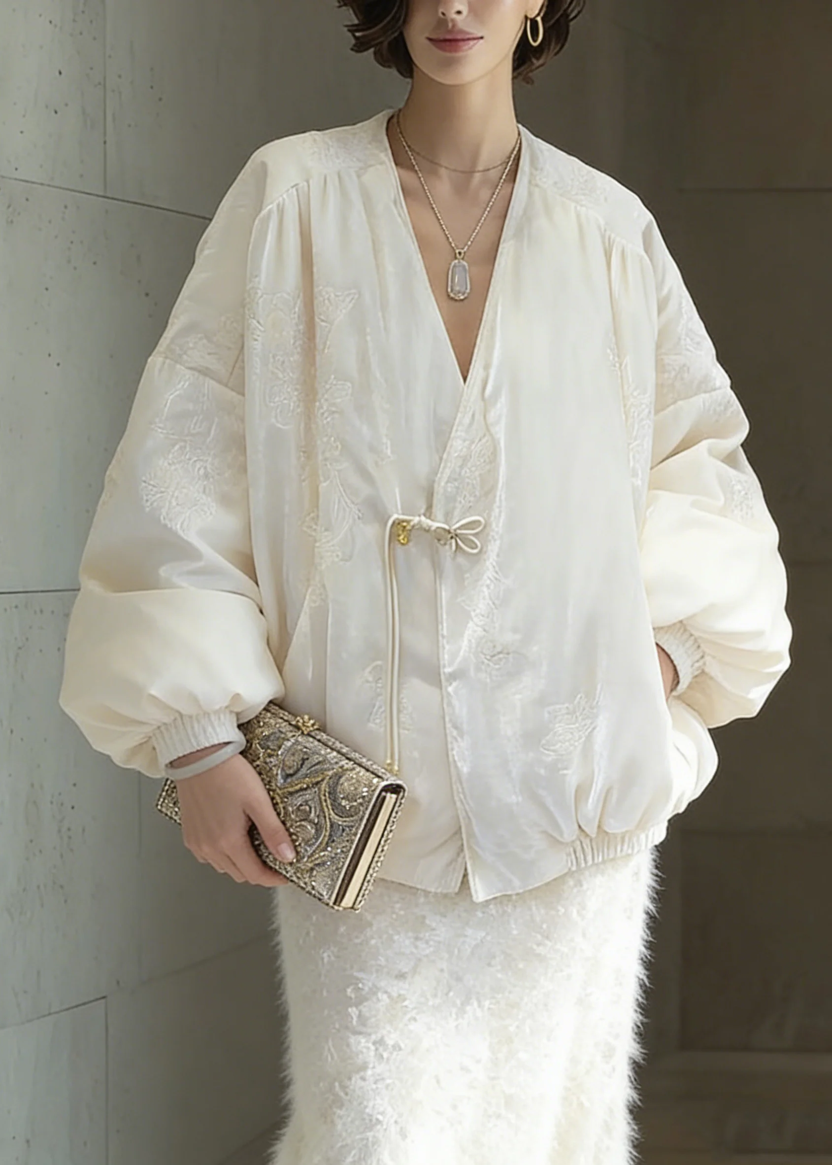 Chinese Style White Embroidered Duck Down Coats Winter - Image 5
