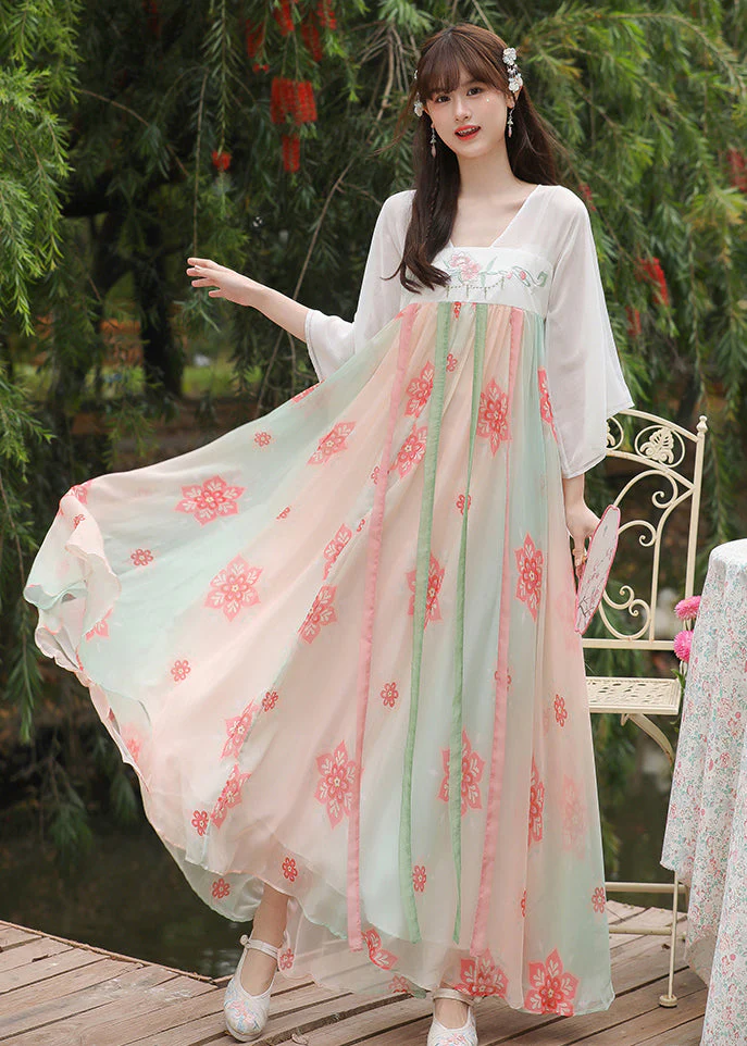Chinese Style White Embroideried Print Patchwork Chiffon Dress Summer - Image 2