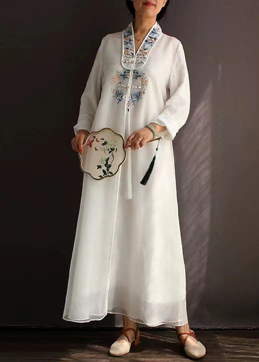 Chinese Style White Embroideried Tasseled Tulle Long Dress Spring - Image 4