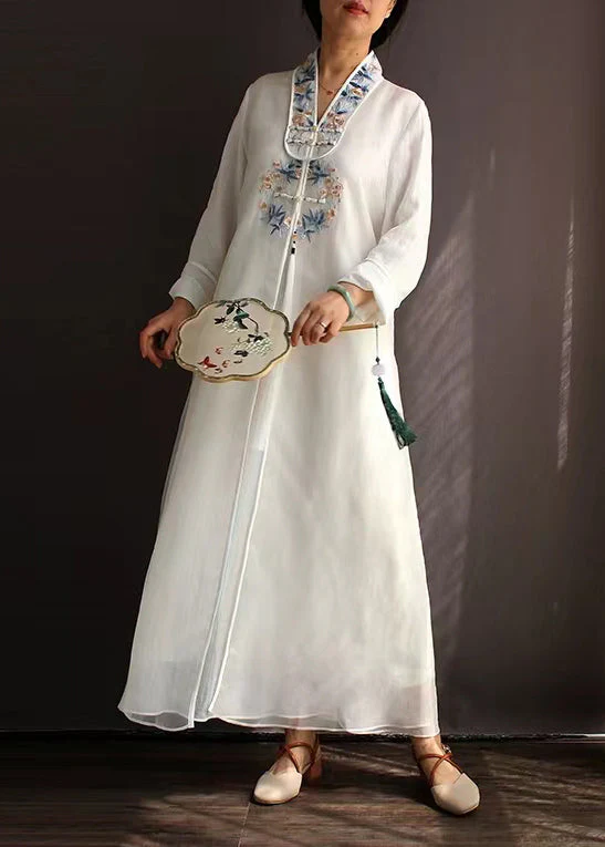 Chinese Style White Embroideried Tasseled Tulle Long Dress Spring - Image 5