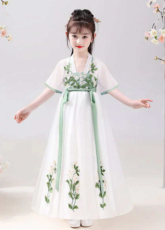 Chinese Style White Embroideried Tie Waist Patchwork Chiffon Kids Girls Dresses Summer - Image 2