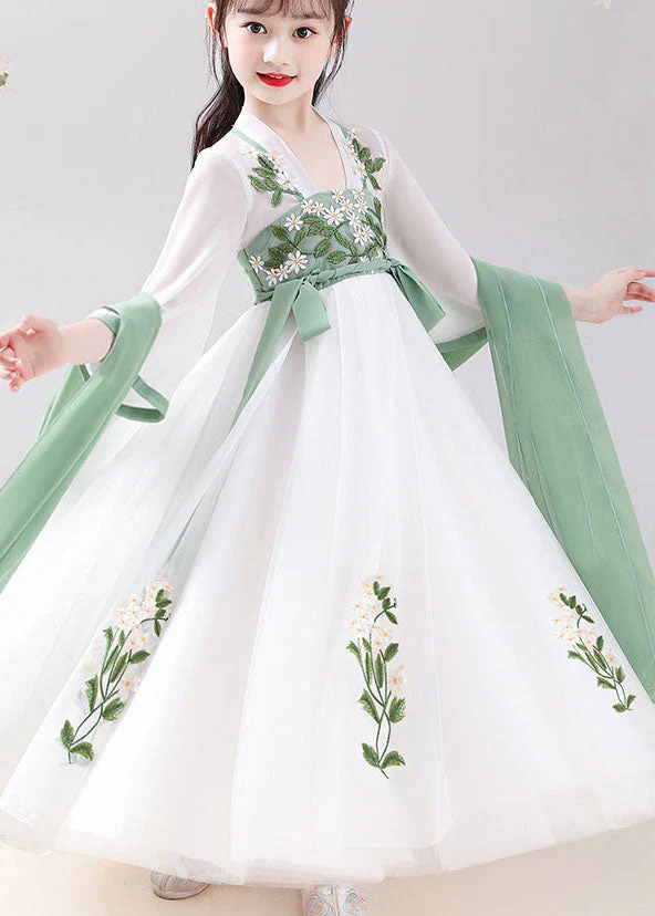 Chinese Style White Embroideried Tie Waist Patchwork Chiffon Kids Girls Dresses Summer - Image 3