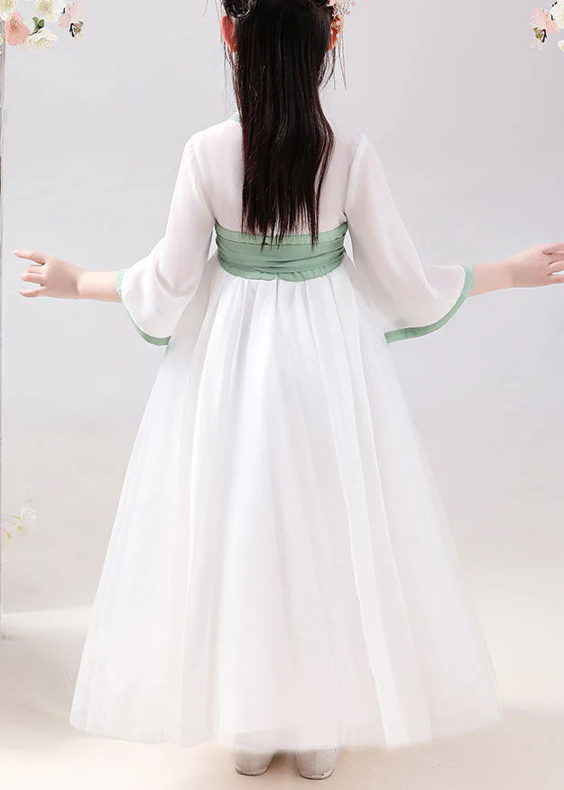 Chinese Style White Embroideried Tie Waist Patchwork Chiffon Kids Girls Dresses Summer - Image 4