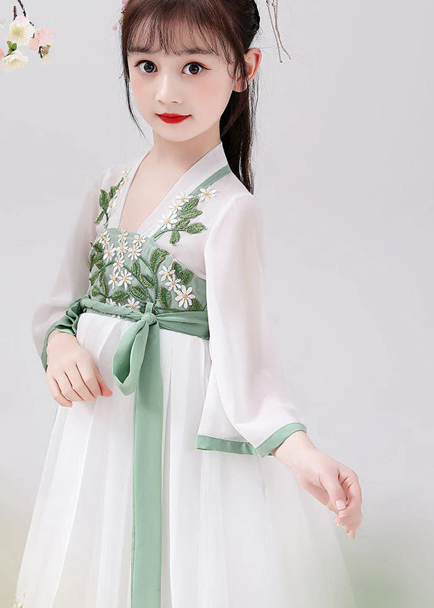 Chinese Style White Embroideried Tie Waist Patchwork Chiffon Kids Girls Dresses Summer - Image 5