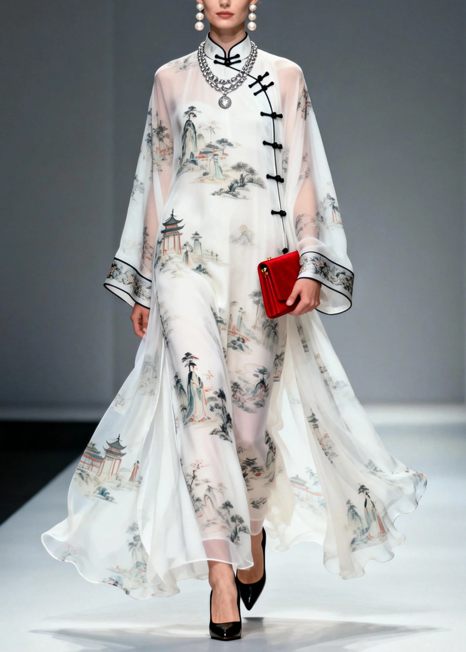 Chinese Style White Print Exra Large Hem Chiffon Dresses Summer - Image 3