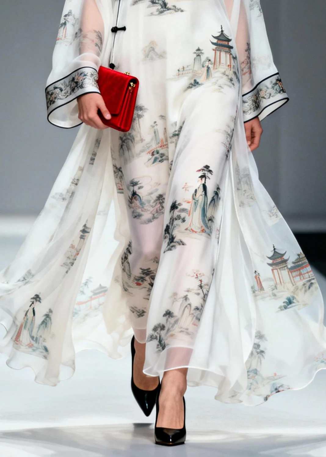 Chinese Style White Print Exra Large Hem Chiffon Dresses Summer - Image 4
