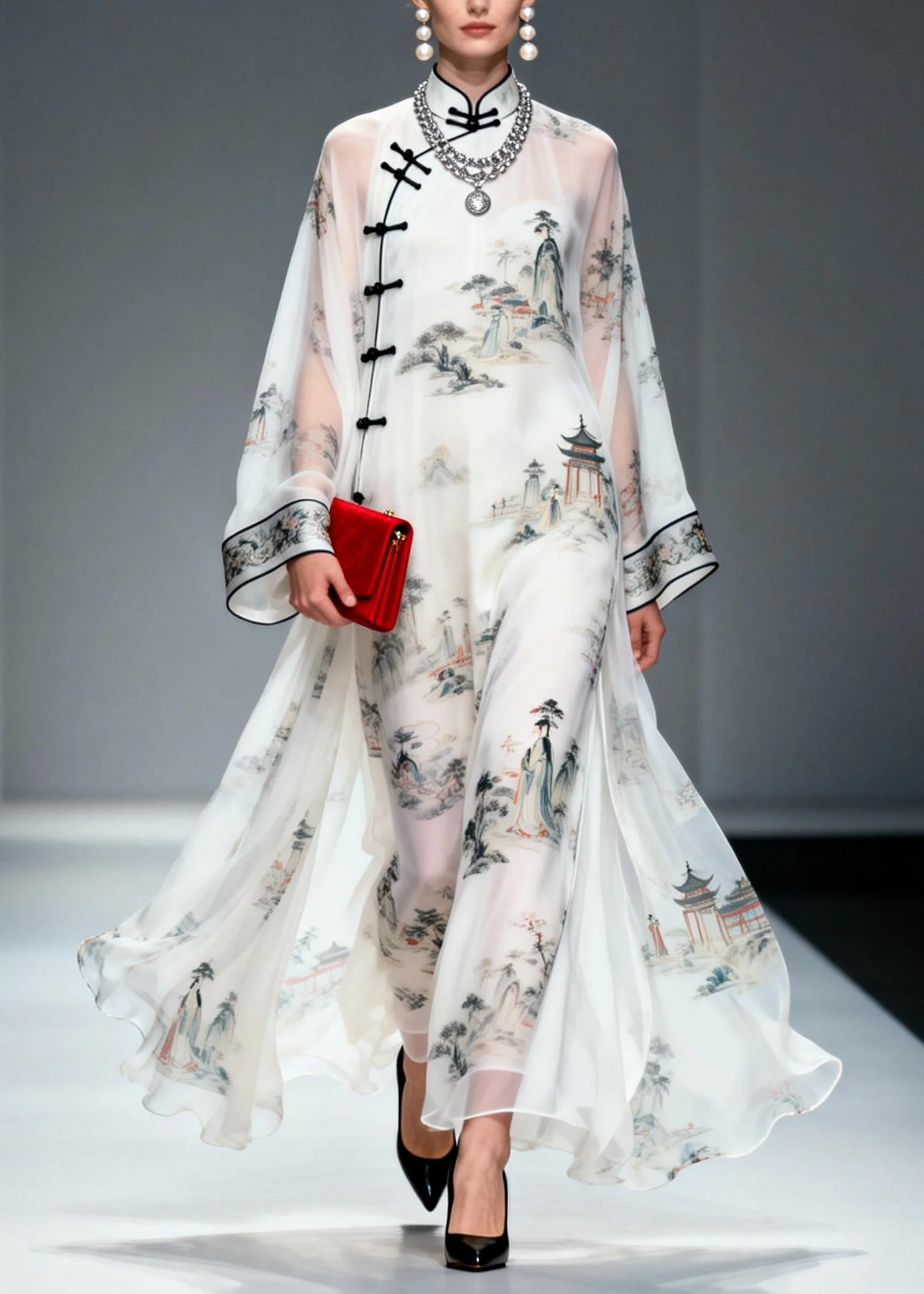 Chinese Style White Print Exra Large Hem Chiffon Dresses Summer - Image 5