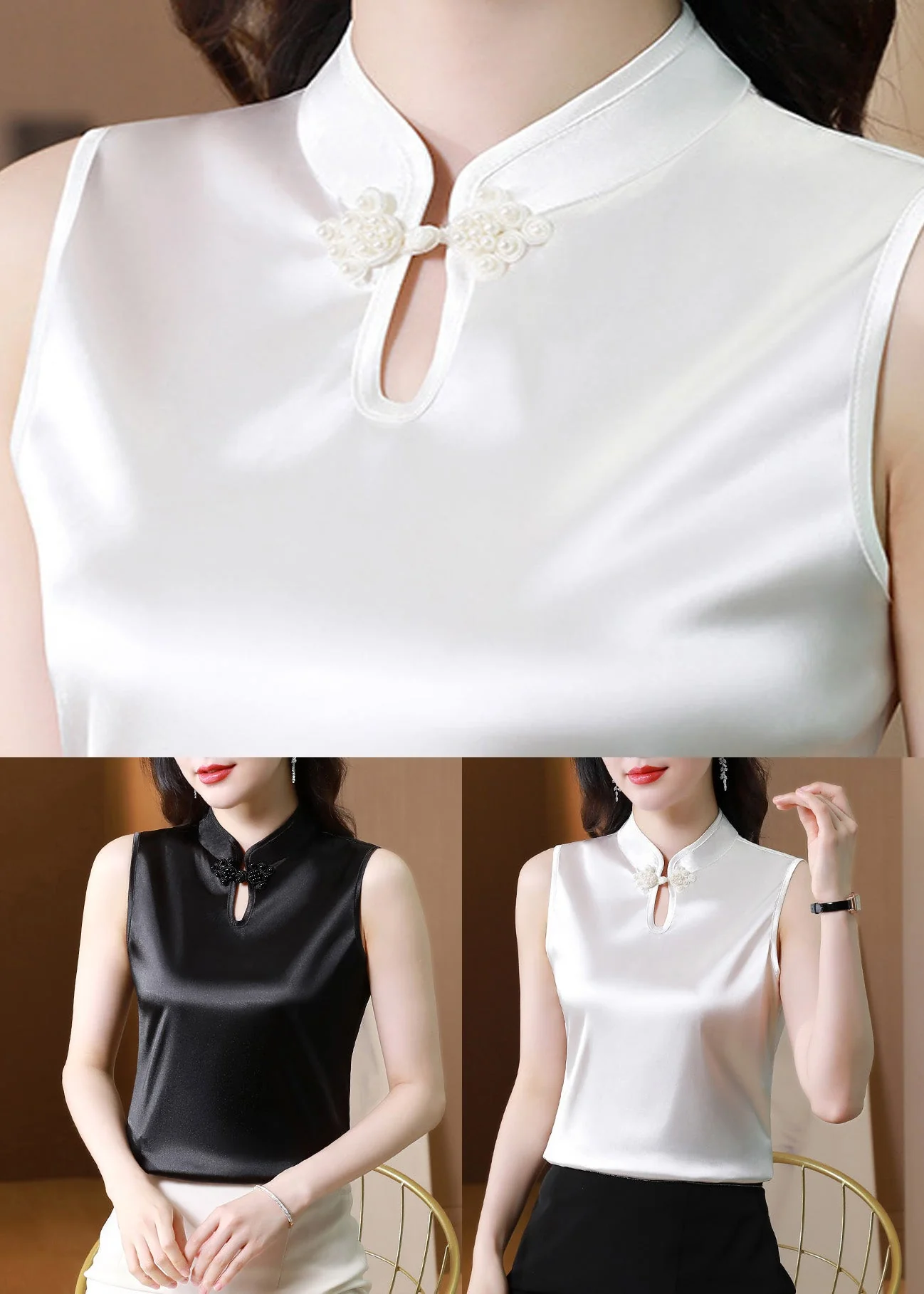 Chinese Style White Silk Beach Vest Sleeveless - Image 5