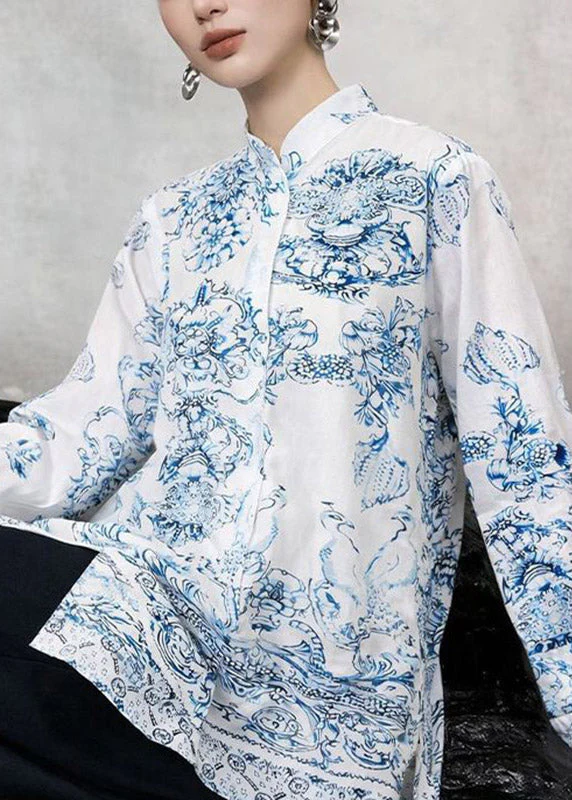 Chinese Style White Stand Collar Print Shirt Spring - Image 2