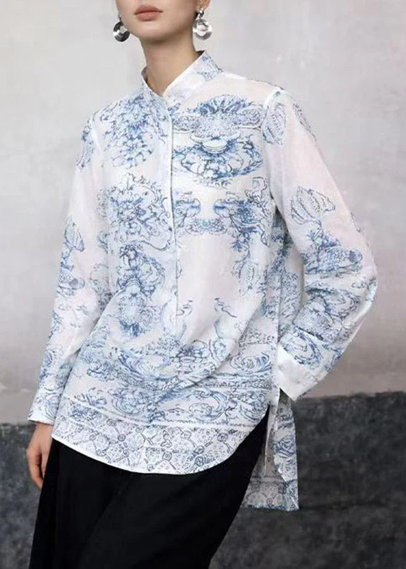 Chinese Style White Stand Collar Print Shirt Spring - Image 3