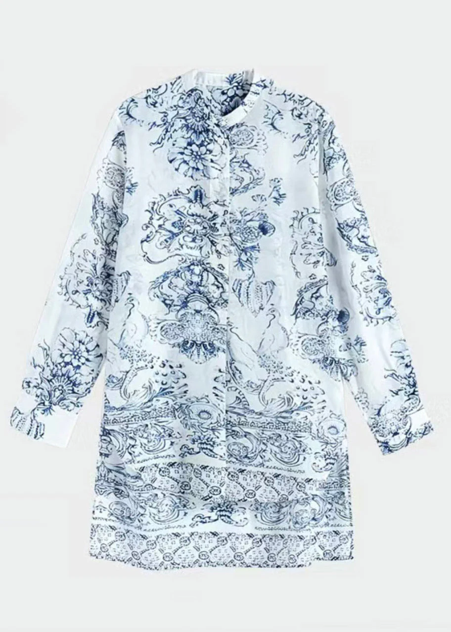 Chinese Style White Stand Collar Print Shirt Spring - Image 4