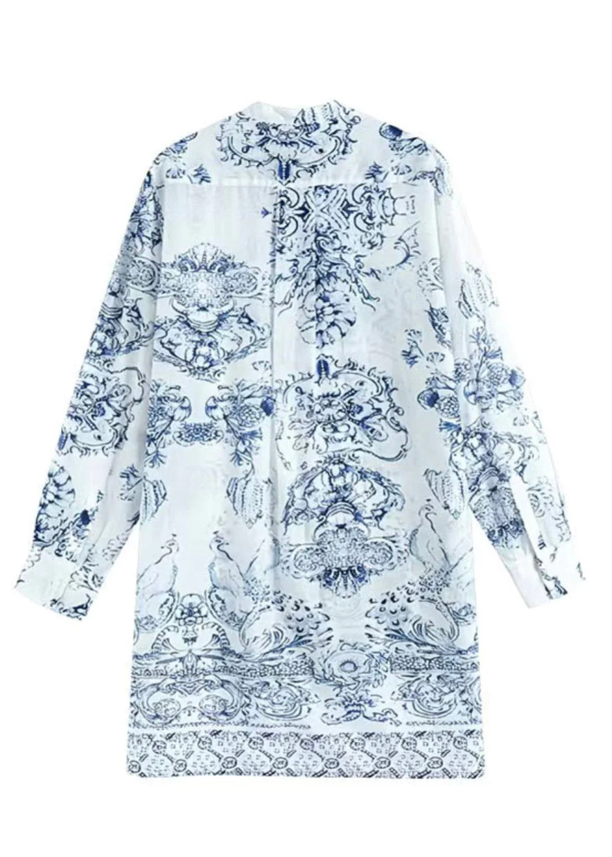 Chinese Style White Stand Collar Print Shirt Spring - Image 5