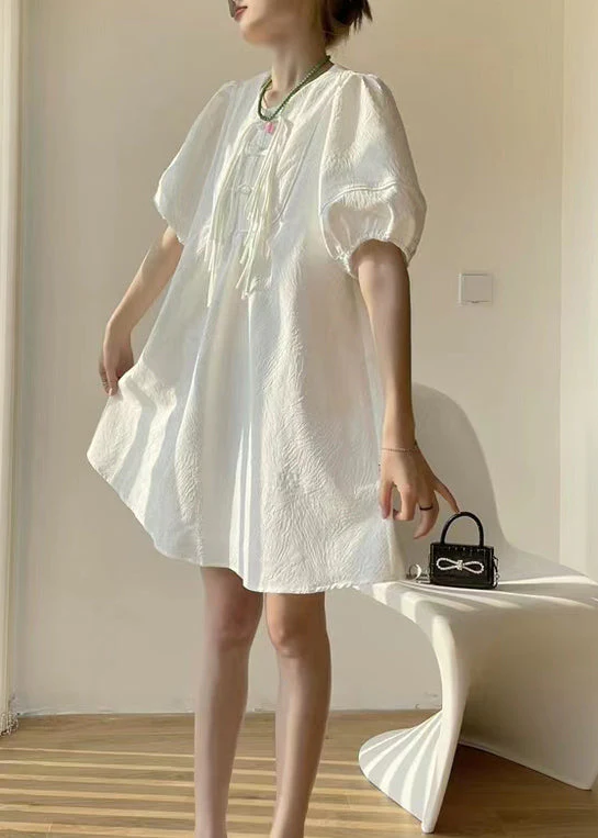 Chinese Style White Tasseled Patchwork Cotton Mid Dress Puff Sleeve - Image 3