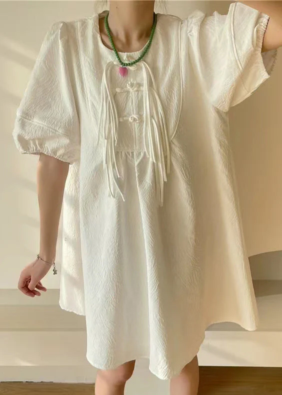 Chinese Style White Tasseled Patchwork Cotton Mid Dress Puff Sleeve - Image 4