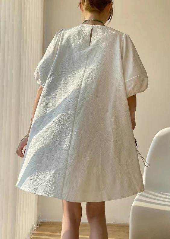 Chinese Style White Tasseled Patchwork Cotton Mid Dress Puff Sleeve - Image 5