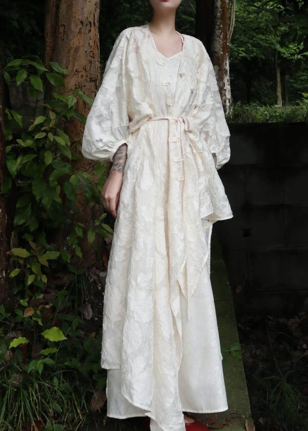 Chinese Style White V Neck Button Long Cardigans And Maxi Spaghetti Stra Sundress Two Pieces Set Fall - Image 2