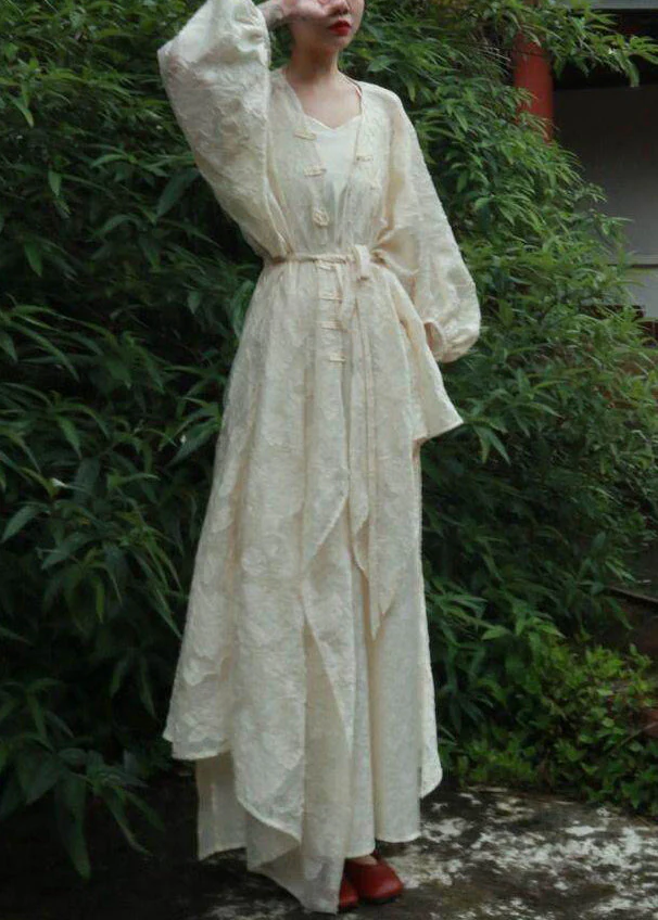 Chinese Style White V Neck Button Long Cardigans And Maxi Spaghetti Stra Sundress Two Pieces Set Fall - Image 5
