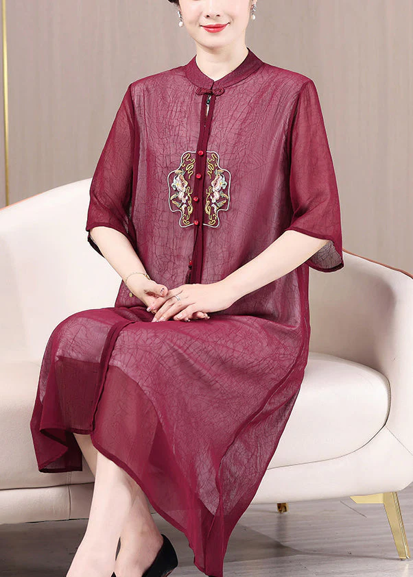 Chinese Style Wine Red Stand Collar Embroideried Patchwork Dress Summer - Image 3
